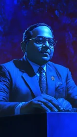 Dignified gentleman in blue light sits with calm focus