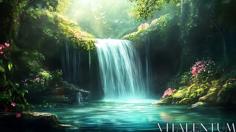 Dense forest waterfall with turquoise pool and foliage.