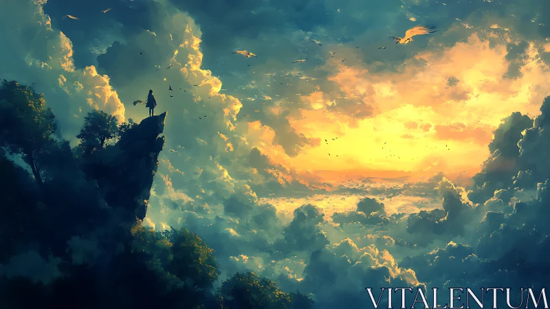 Solitary figure above glowing cloud sea at sunrise.