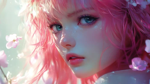 Blossom-haired dreamer gazes through petals and starlit dew.