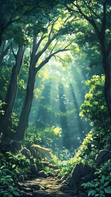 Forest clearing with towering trees, dappled light, and atmospheric perspective