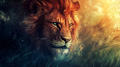 Spectral lion portrait in dual-spectrum atmospheric lighting.