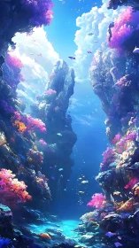 Dreamlike coral canyon beneath crystalline waterscape.