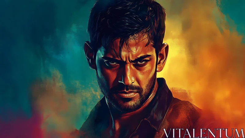 Male portrait in intense lighting with color gradient background.