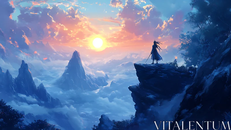 Lone wanderer on cliffside at radiant fantasy sunrise.