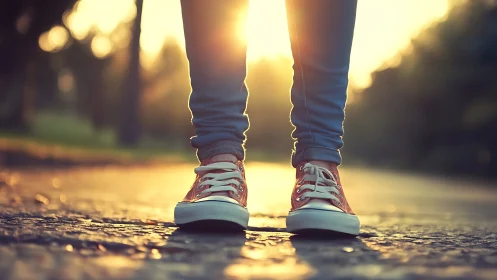 Red sneakers on cobblestone path in warm sunset light.