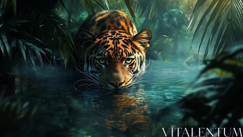 Stealthy tiger lowers its head to drink in misty jungle pool.