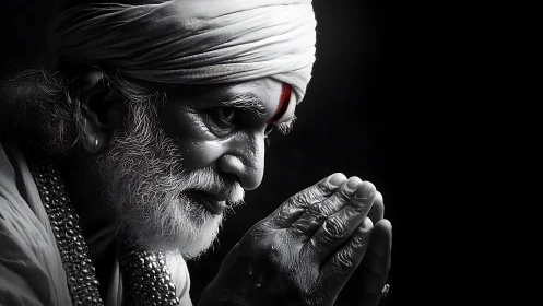 Elderly man in turban with folded hands in profile view.