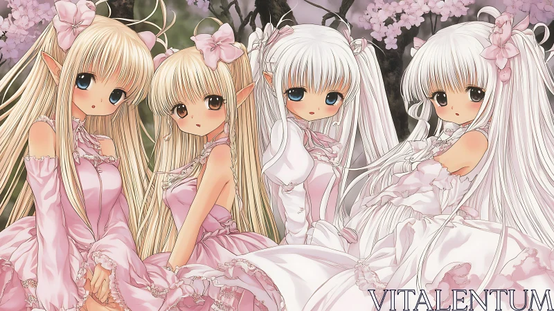 Pastel elf maidens in ornate pink gowns under sakura blooms.