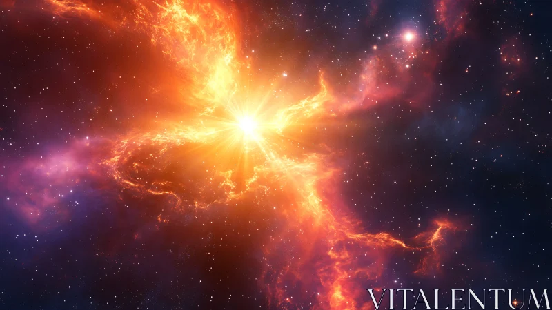 Stellar phoenix bursts open, flinging molten light across void