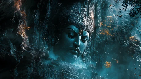 Colossal stone deity emerges in a mystical, misty canyon