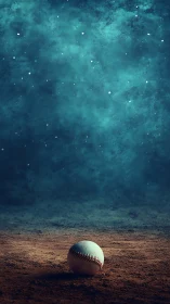Lone baseball rests on textured infield under moody teal sky