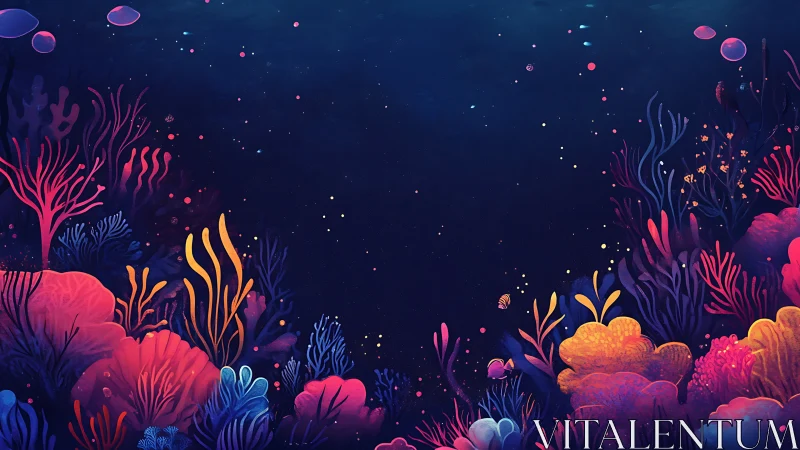 Luminous coral reef garden in deep sapphire ocean.