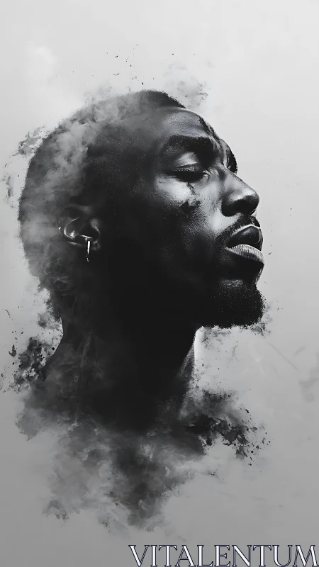 Monochrome portrait dissolves into ethereal smoke forms.