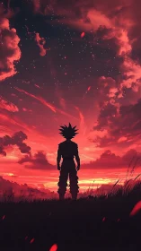 Silhouetted warrior stands under red storm sunset sky.