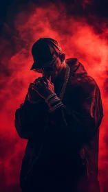 Moody hip hop silhouette in red cinematic smoke glow.