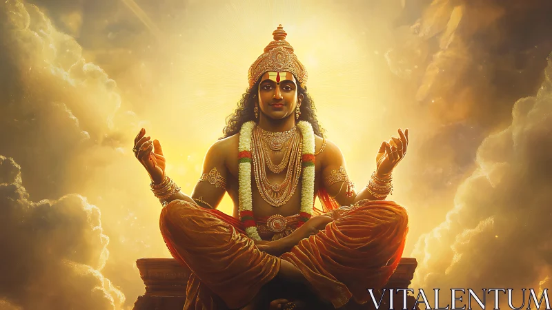 Seated deity figure meditates against radiant golden sky