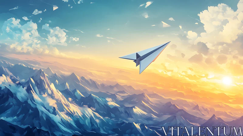Paper plane glides above sunlit mountains at dawn.