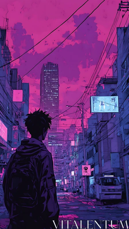 Lone figure in neon city street under magenta dusk sky.