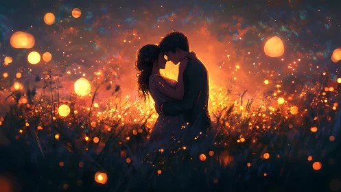 Couple kissing in glowing light field at night