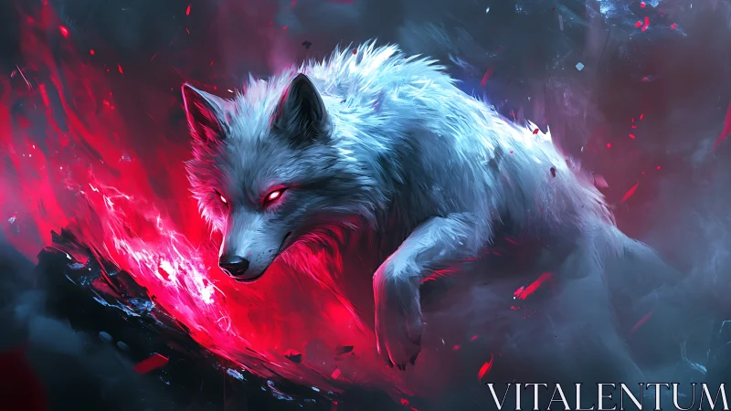 Ghostly white wolf charges through neon crimson storm.