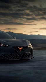 Sleek matte-black concept car at moody sunset horizon.