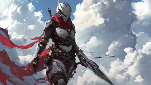 Armored sky operative strides through clouds with dynamic ribbons