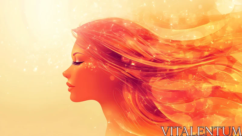 Radiant Woman Profile with Flowing Fiery Hair in Digital Art.