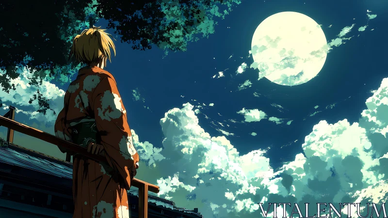 Kimono clad figure watching full moon above bright clouds.