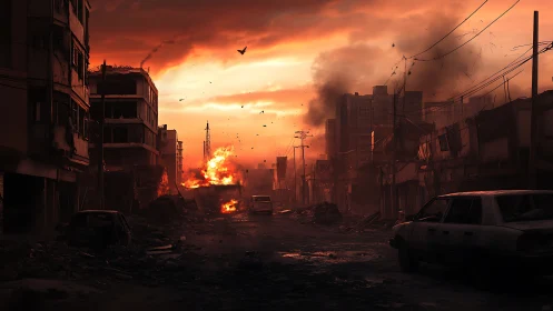 Urban street shows structural damage and fires at dusk