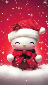 Cute white cat figurine in red Santa outfit in snow.