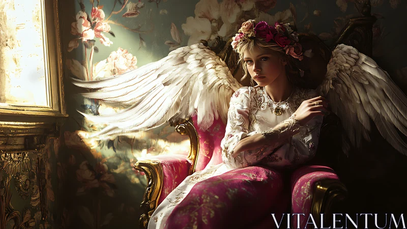 Winged woman rests in baroque chair under soft window light