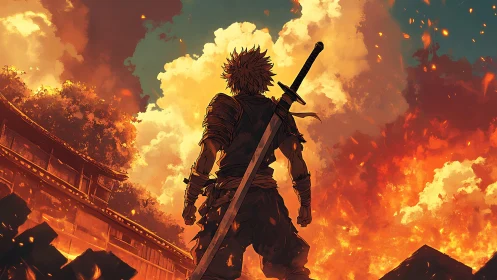 Lone anime swordsman confronts blazing battlefield sky