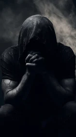 Hooded figure resting in shadow, wrapped in quiet emotion.