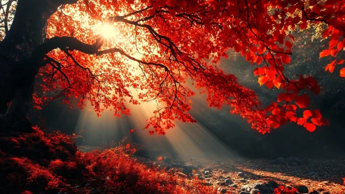 Backlit red maple canopy diffuses warm volumetric sunlight beams