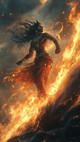 Storm-tressed fire deity striding along a molten horizon.