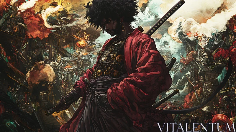 Afro samurai stands amid burning city in storm of chaos