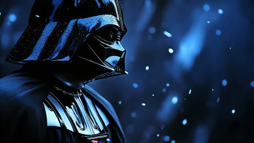 Dark armored figure in blue-lit snowfall gazes ahead.