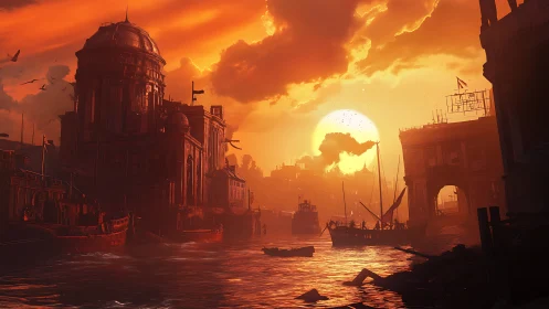 Fiery harbor sunset around domed waterfront cityscape.