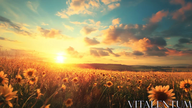 Wide-angle sunset field with golden daisies and cloud strata