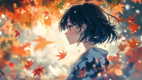Soft dusk crowns a quiet girl with swirling autumn leaves