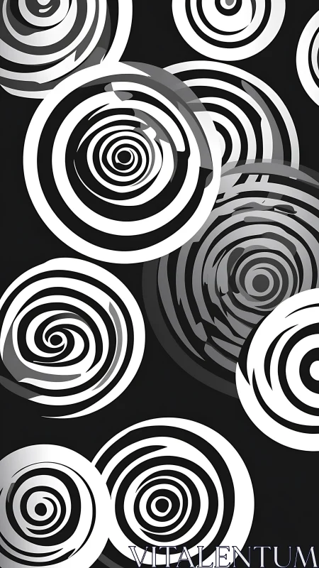 Monochrome concentric spiral circles overlap on dark field