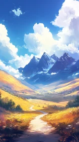 Sunlit valley trail beneath towering alpine peaks.