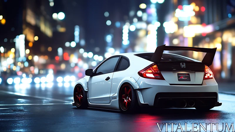 Streetlit racer prowls neon-soaked city asphalt with intent