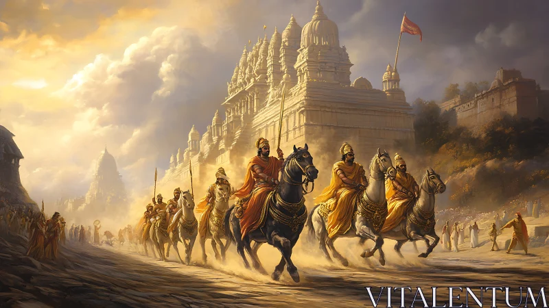 Digital painting of royal cavalry before monumental temple complex.