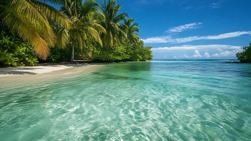 Tropical Beach Paradise with Crystal Waters and Palm Fronds