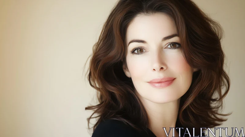 Warm-eyed brunette in soft daylight, framed by quiet glow.