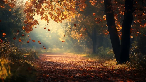 Golden Autumn Path Through Enchanted Woods.