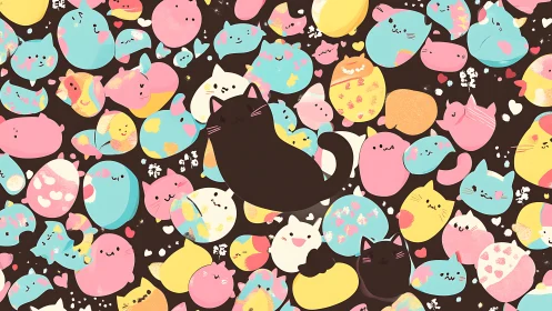 Black Cats Among Colorful Dreaming Creatures. Playful Whimsy.