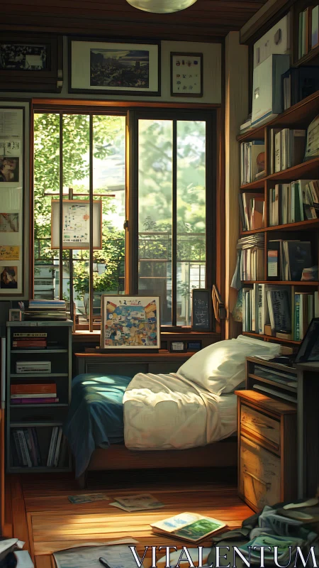Sunlit book-nest bedroom glows with quiet morning stories.